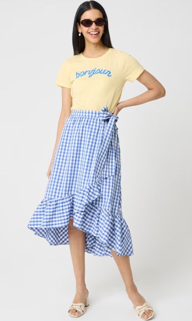 J.Crew Gingham Wrap Midi Skirt NWT M Blue White Cotton Poplin Tie Waist Medium